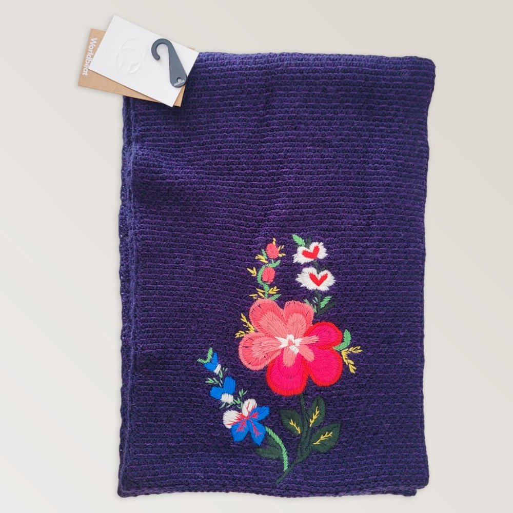 Purple Embroidered Floral Wool Warm Infinity Scarf, Floral Knit Winter Scarf